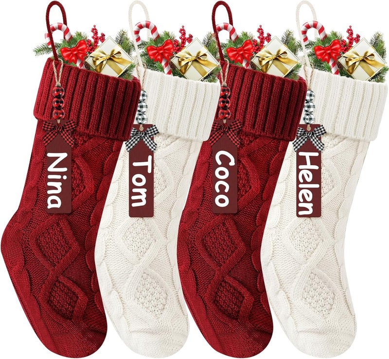 Doitory Store Christmas Stockings 18 Inches,Long Knitted Stocking with Name Tags, Christmas Decoration Hanging Stockings Fireplace Xmas Tree Ornaments for Home Family - Image 1